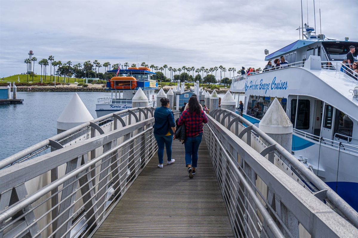 Two people walking along a harbour pier towards waiting boats, with palm trees on the shore